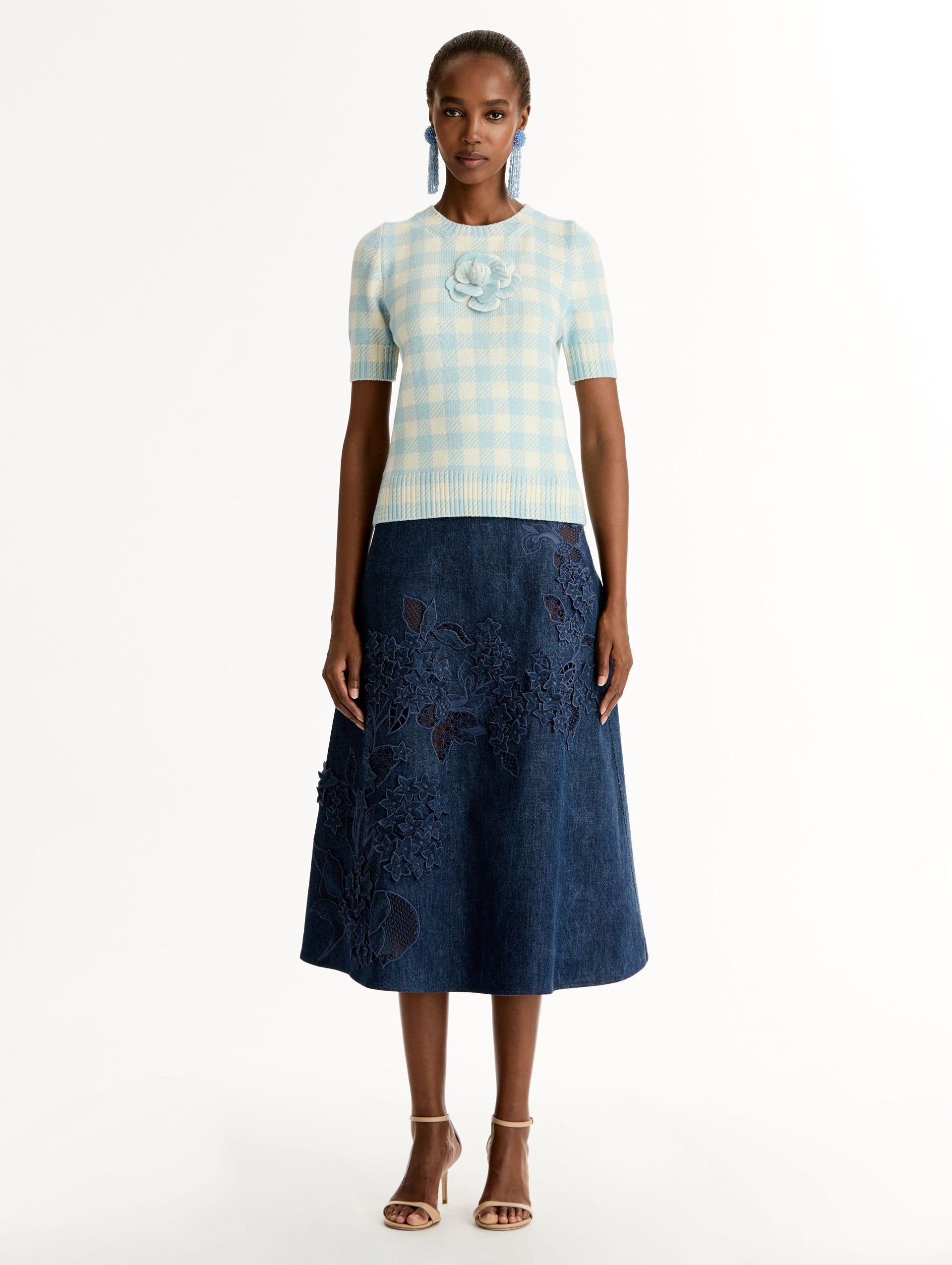 Gingham Pullover with Floral Appliqué