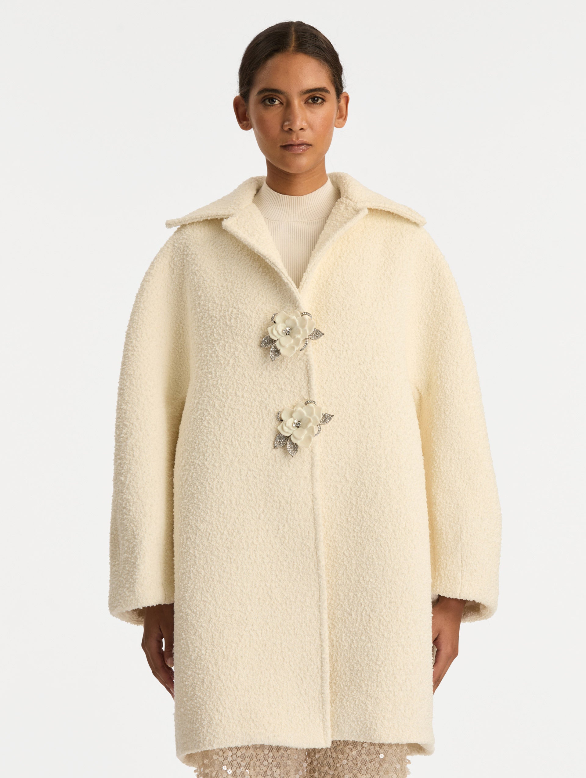 Floral Button Bouclé Tweed Coat