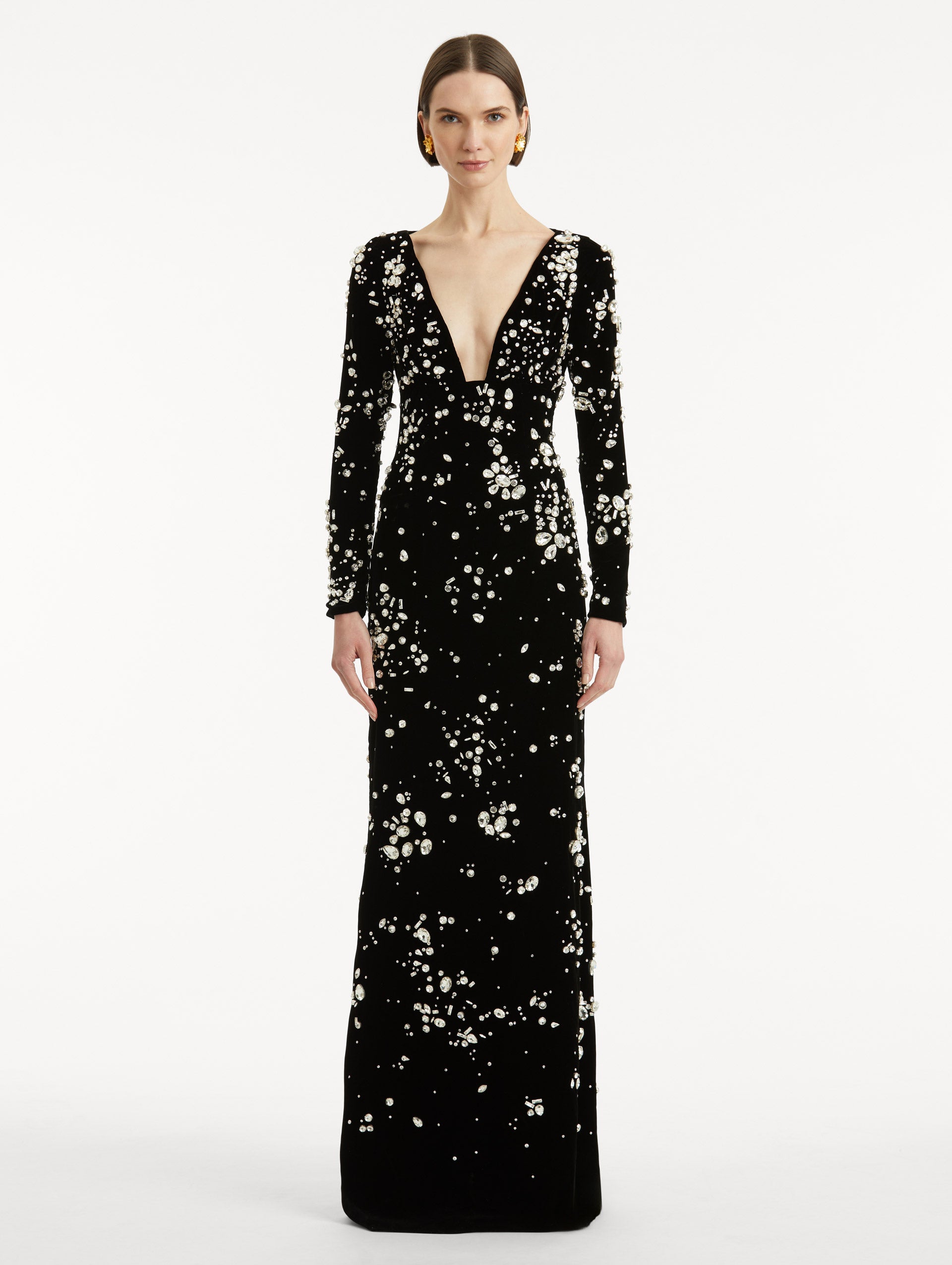 Crystal Cluster Embroidered Long Sleeve Gown