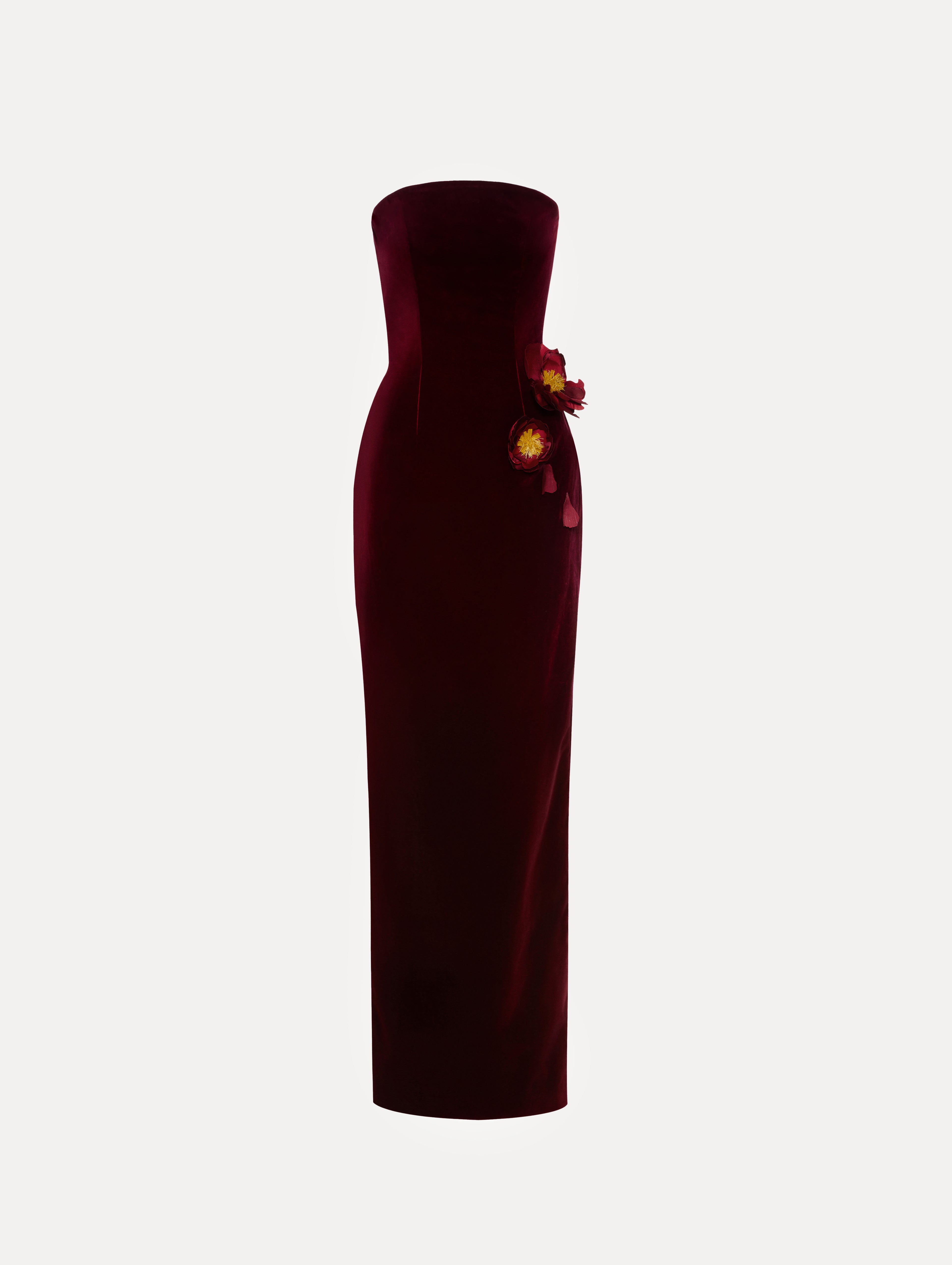 Peony Appliqué Velvet Gown