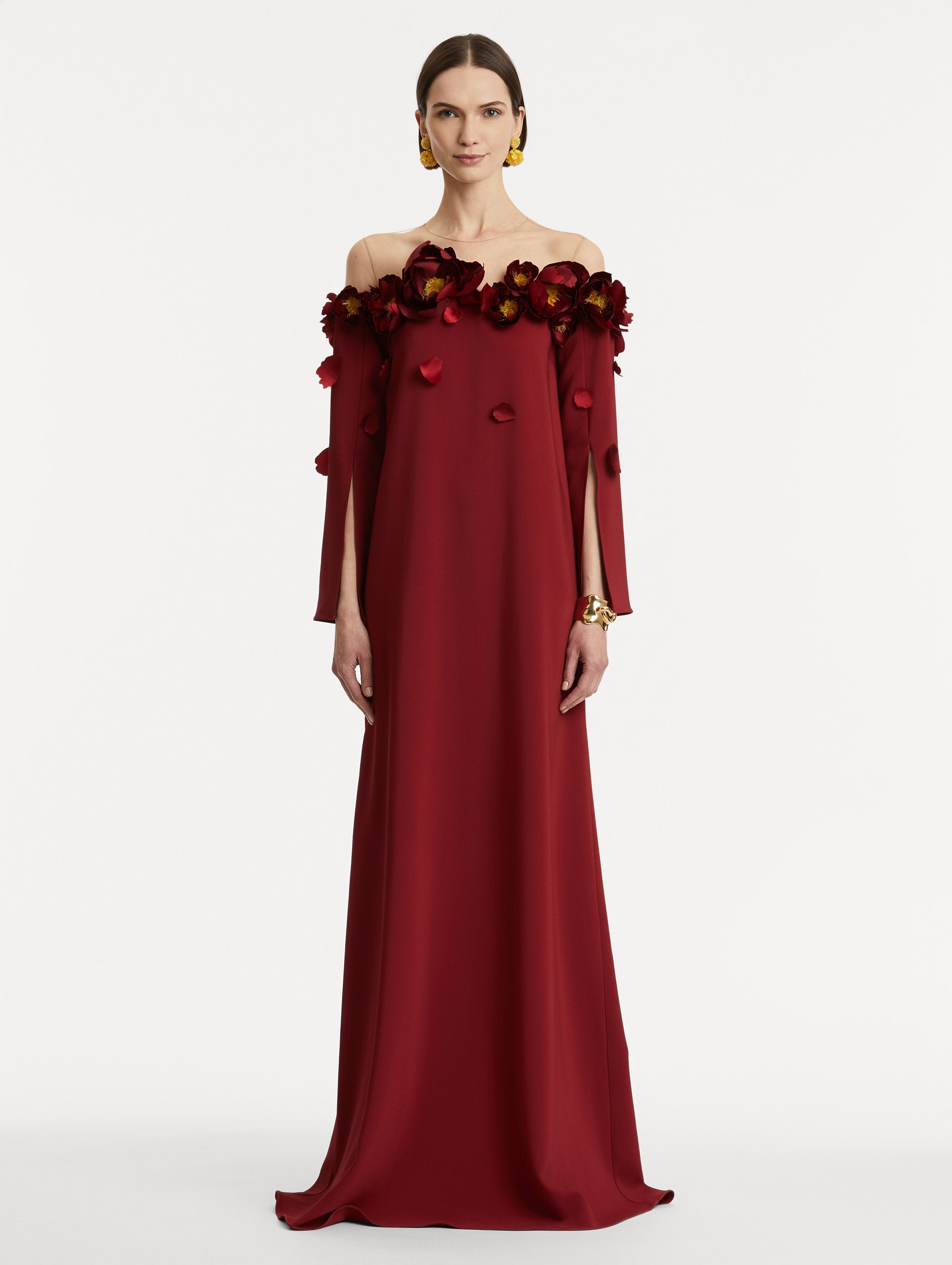 Peony Appliqué Illusion Neck Caftan
