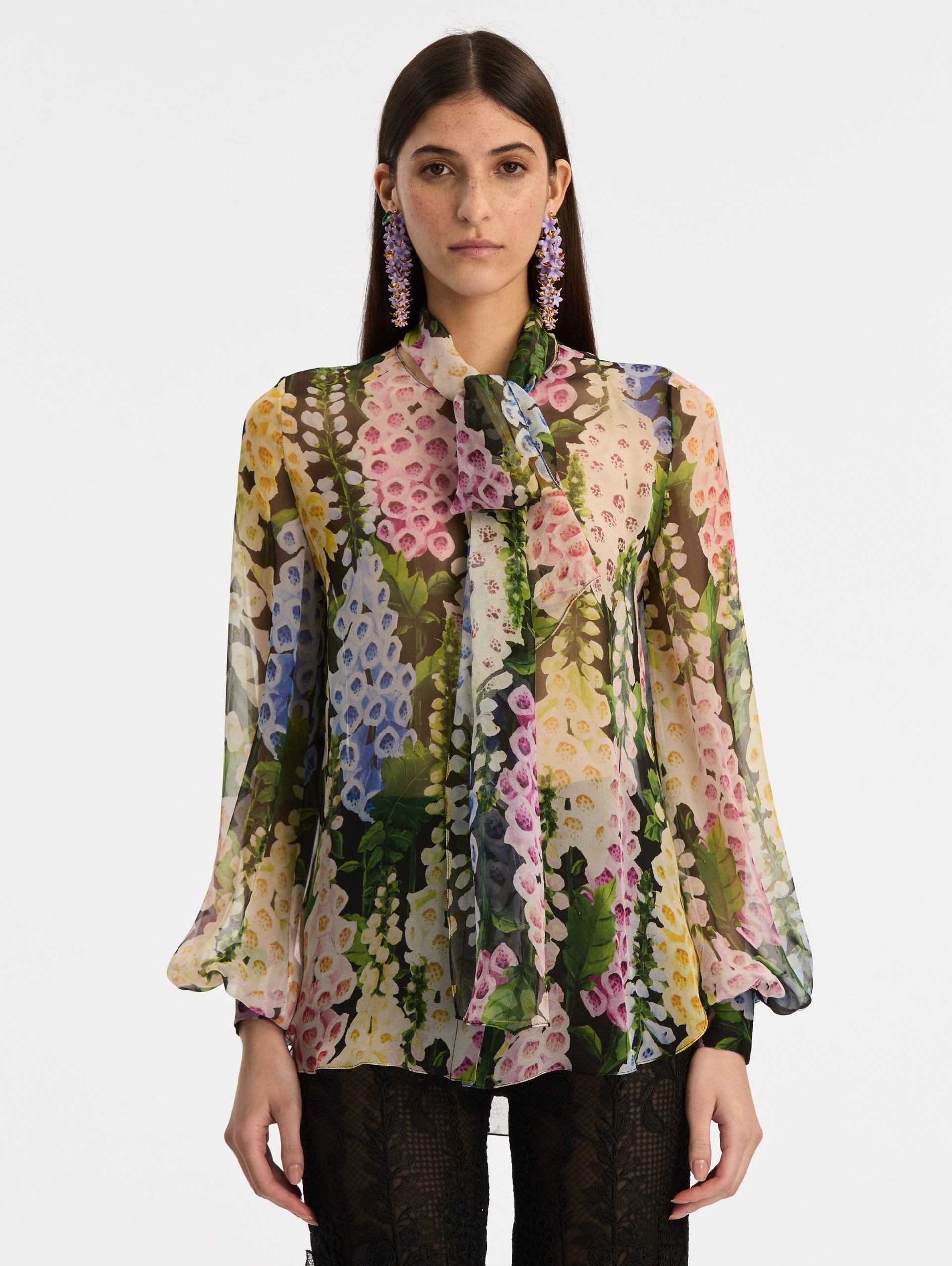 Foxglove Tie-Neck Chiffon Blouse