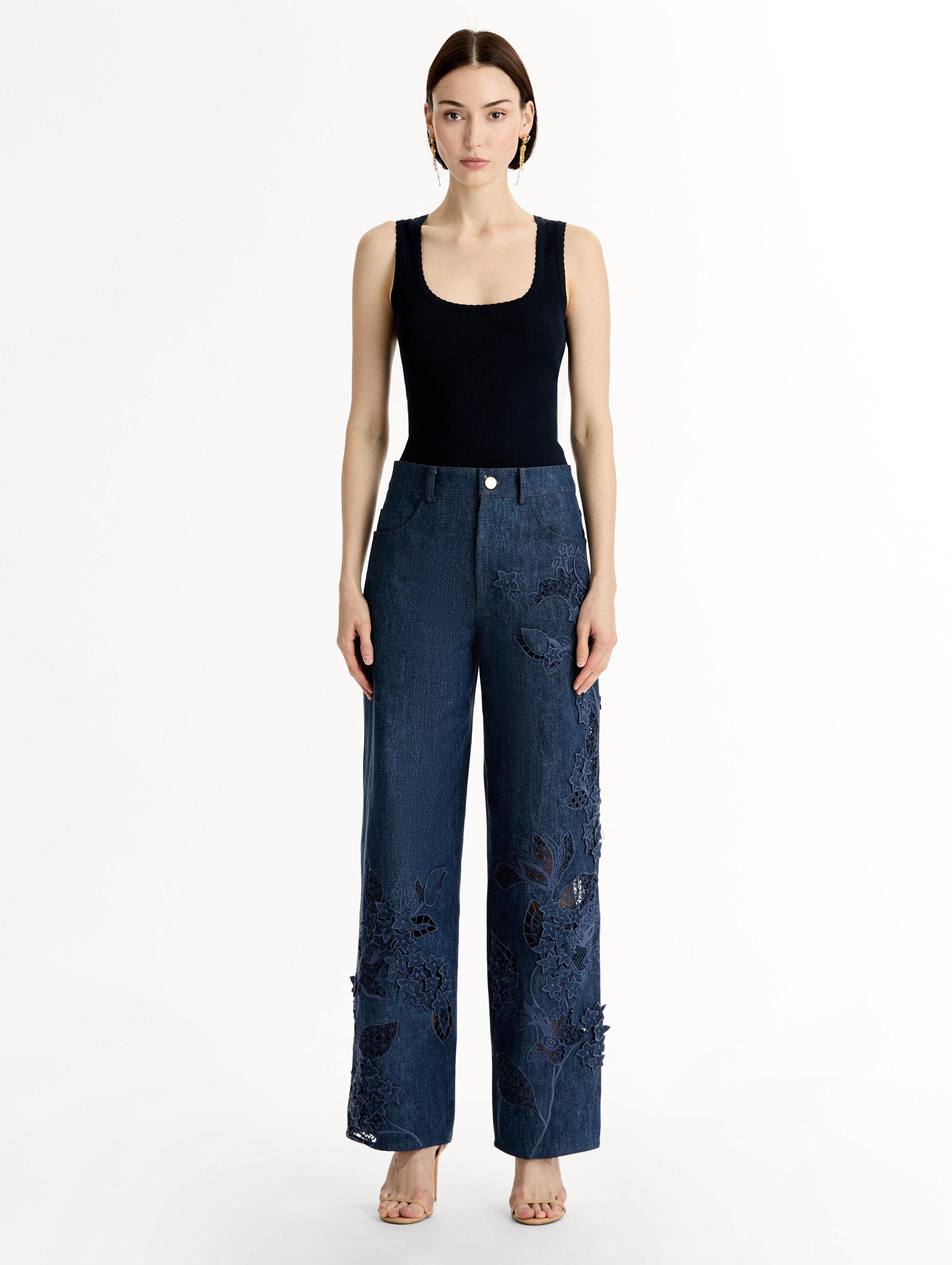 Porcelain Flower Cutout Denim Pant