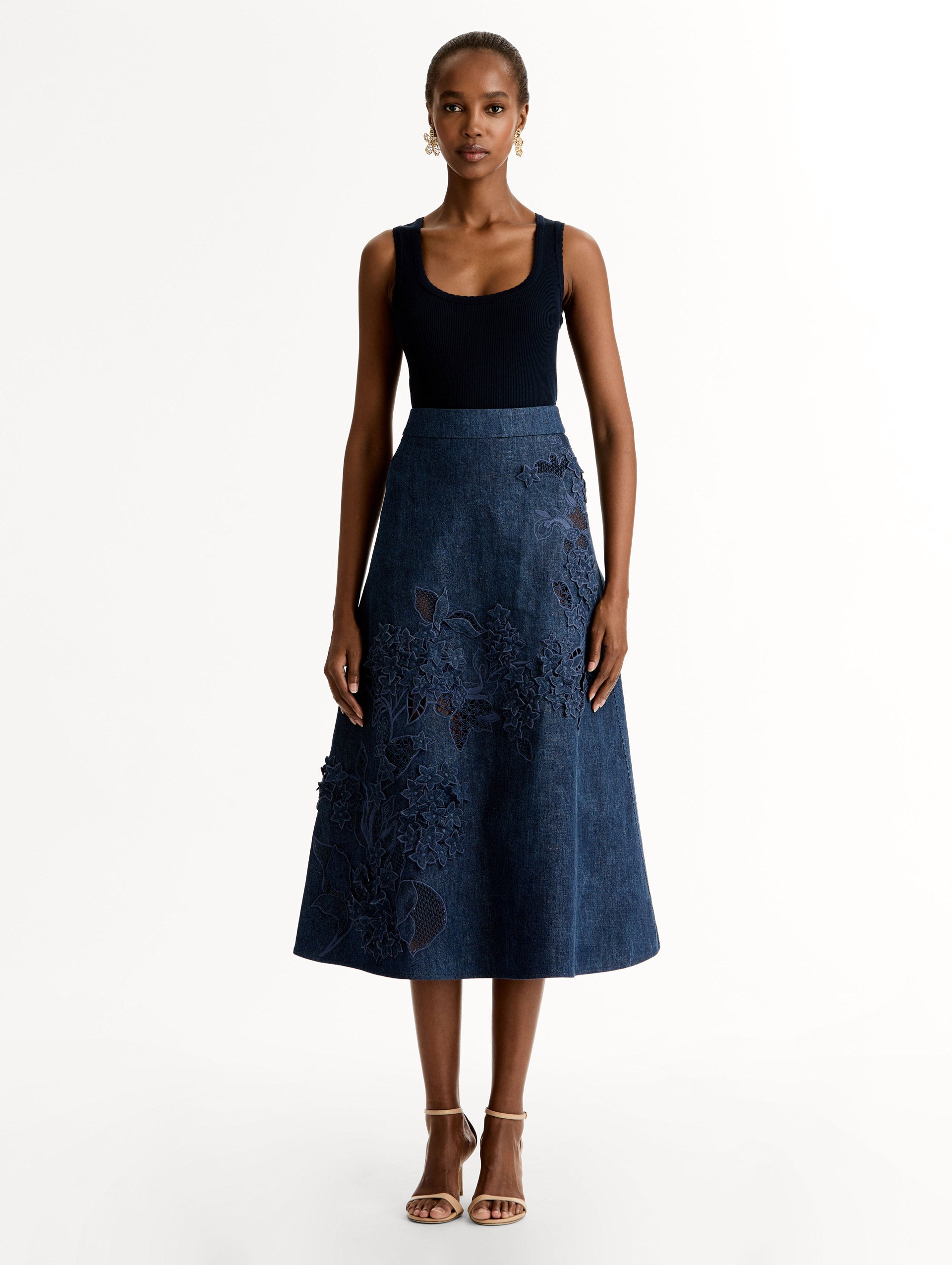 Porcelain Flower Cutout Denim Skirt